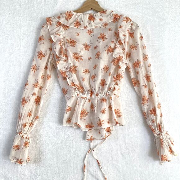 Free People Amanda Accent Blouse Top Sz XS Ruffle Floral Wrap Boho Gauzy Sheer - Picture 8 of 10